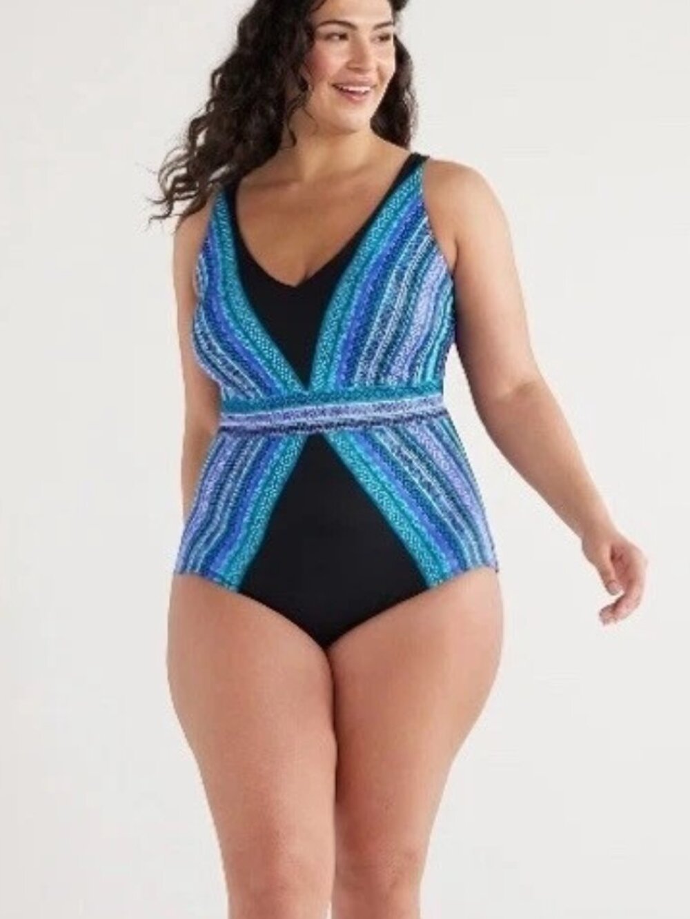 NWT Embrace Your Curves by Miracle Brands One Piece Swimsuit Blue Black Geo 2X
